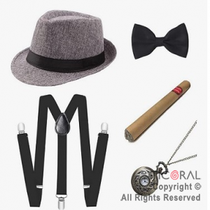 SET DISFRAZ INVESTIGADOR SOMBRERO TIRADORES, MOO,RELOJ DE BOLSILLO Y CIGARRO x 1